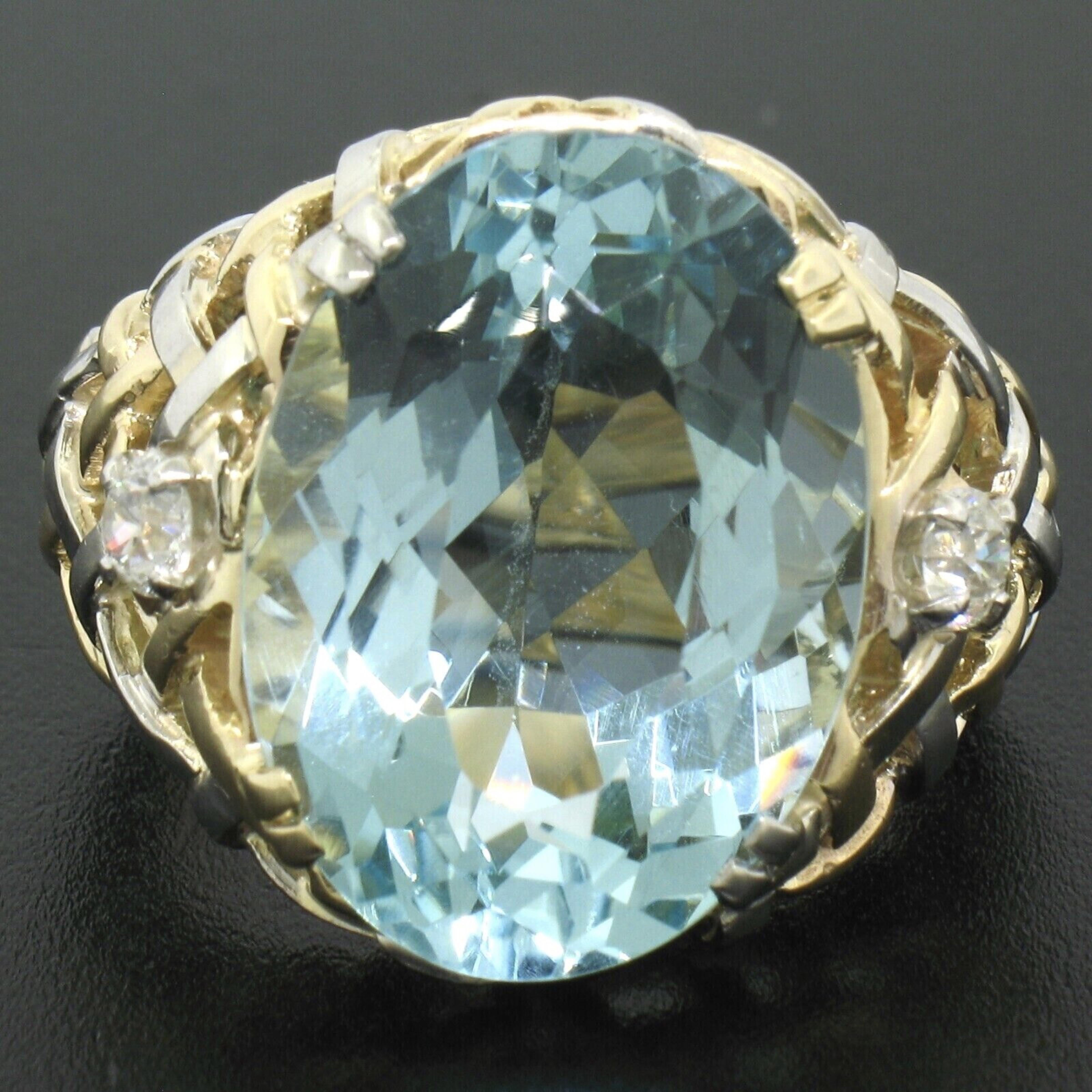 Grande bague en or 14 carats et platine avec aigue-marine de 19,49 carats certifiée GIA et diamants en forme de panier Pour femmes en vente