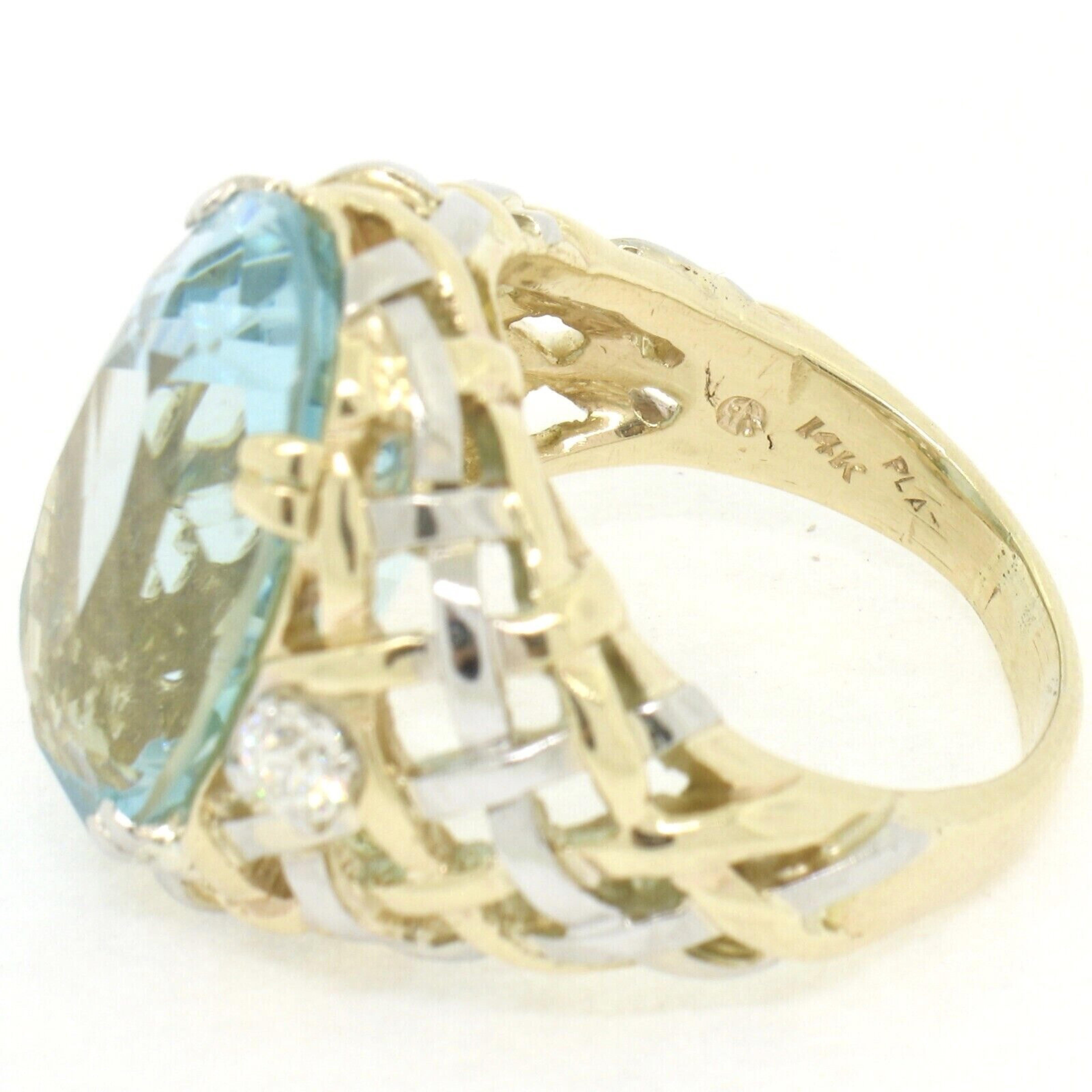 14k Gold & Platinum 19.49ctw Large GIA Aquamarine & Diamond Basket Weave Ring For Sale 3