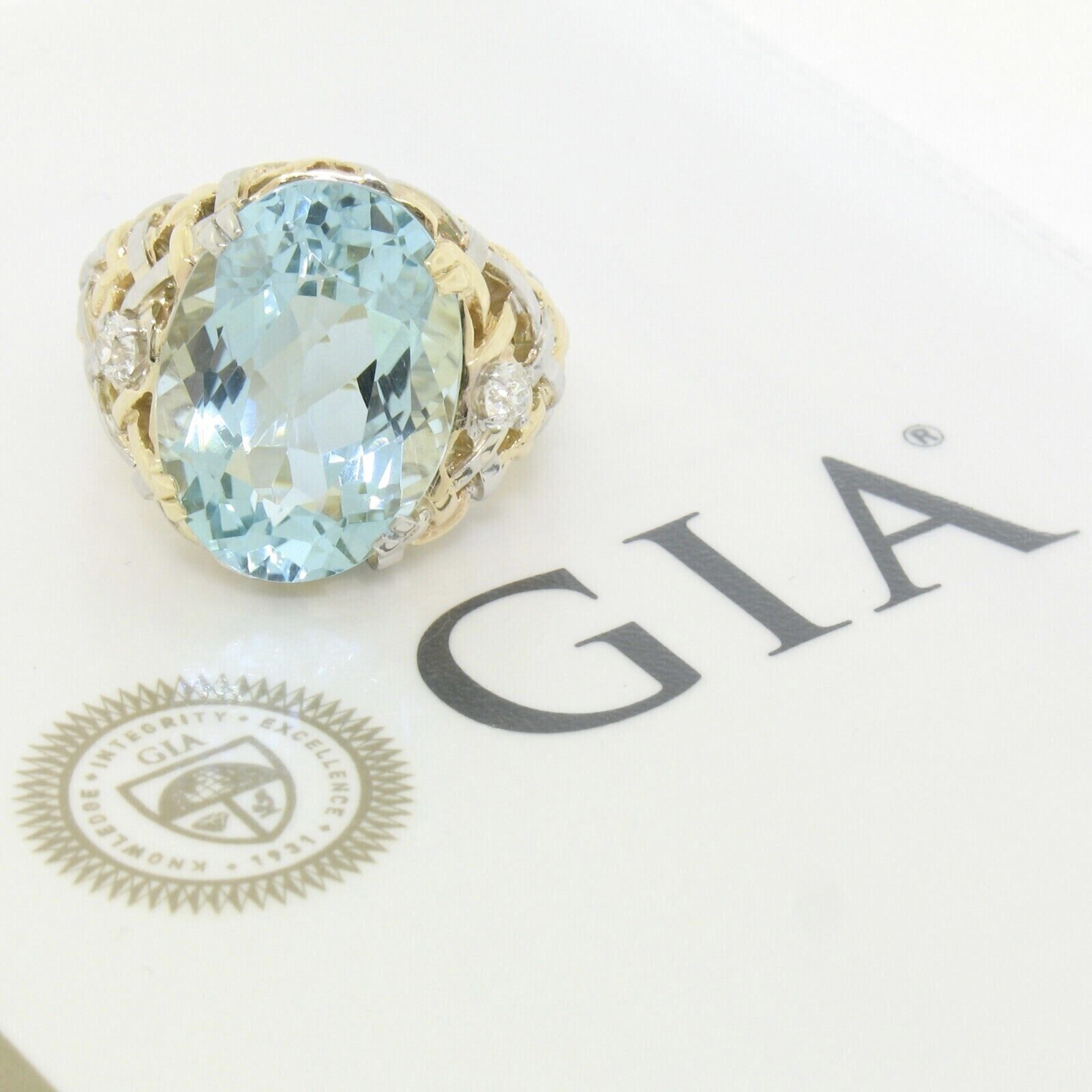 Grande bague en or 14 carats et platine avec aigue-marine de 19,49 carats certifiée GIA et diamants en forme de panier en vente 4