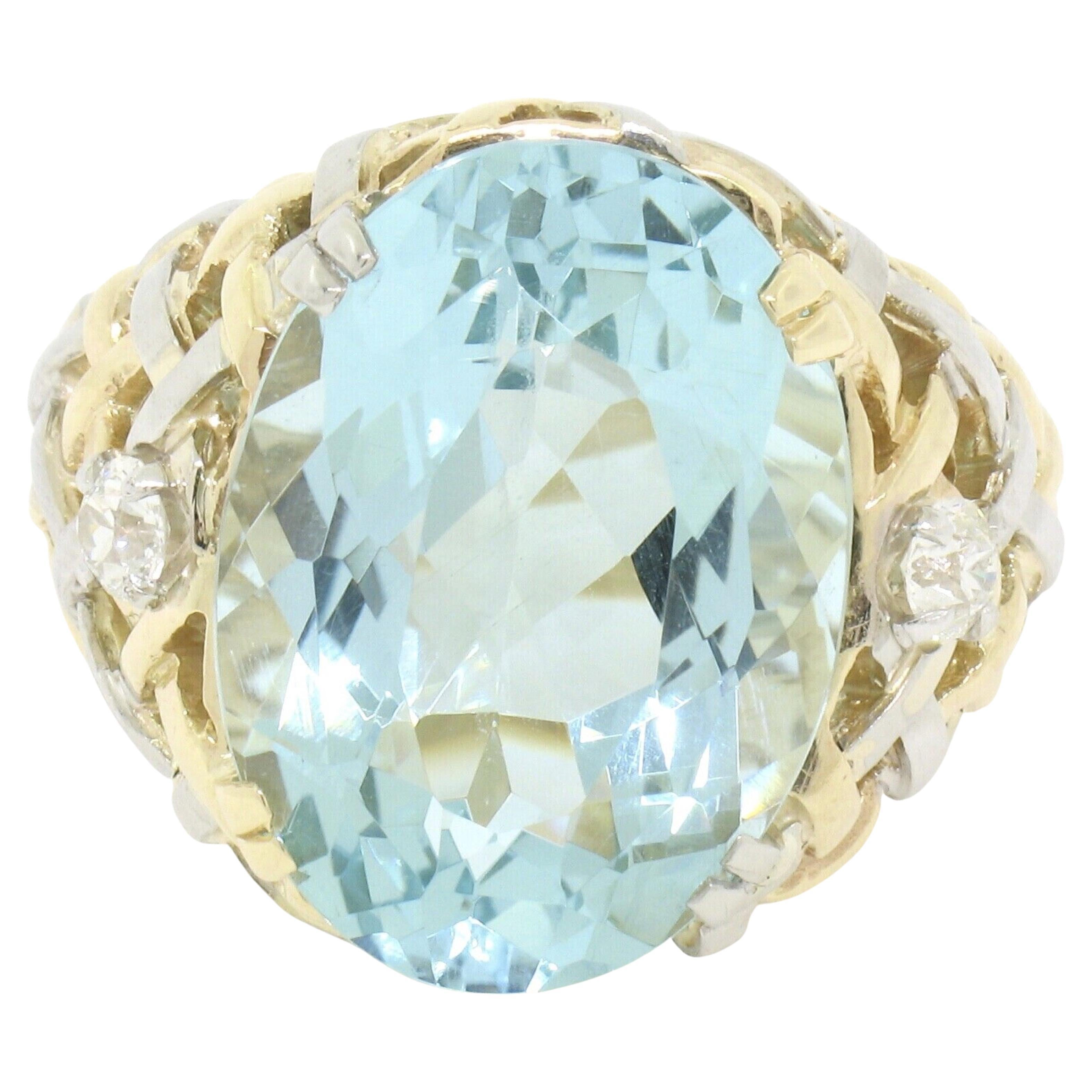 Grande bague en or 14 carats et platine avec aigue-marine de 19,49 carats certifiée GIA et diamants en forme de panier en vente