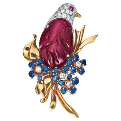 14k Gold & Platinum Brooch w/ 19.86ct Carved Burmese Ruby, Sapphire & Diamond