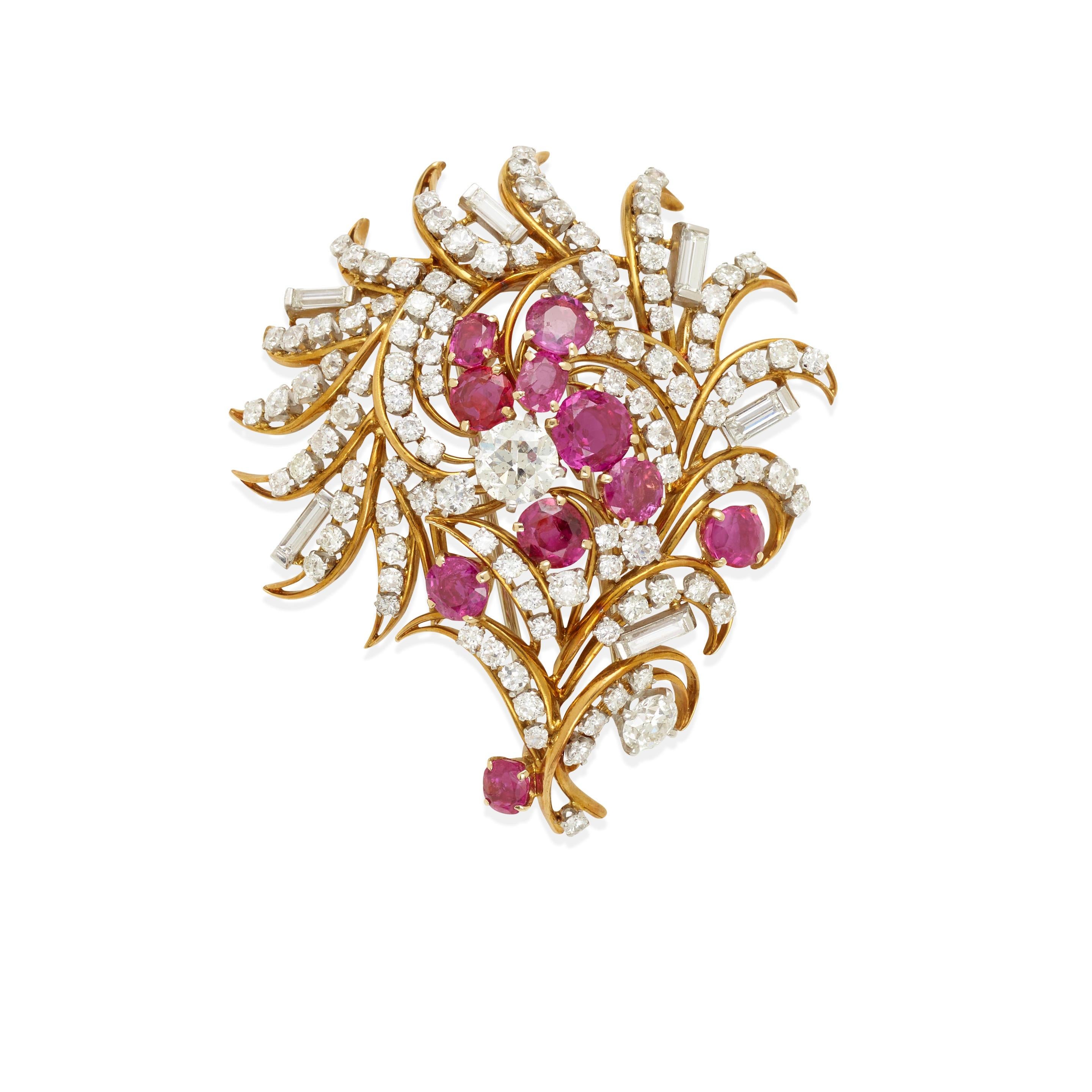 14k Gold & Platinum Flower Bouquet Brooch with 5 Carat Ruby & 7.45 Carat Diamond For Sale 1