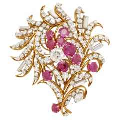 14k Gold & Platinum Flower Bouquet Brooch with 5 Carat Ruby & 7.45 Carat Diamond