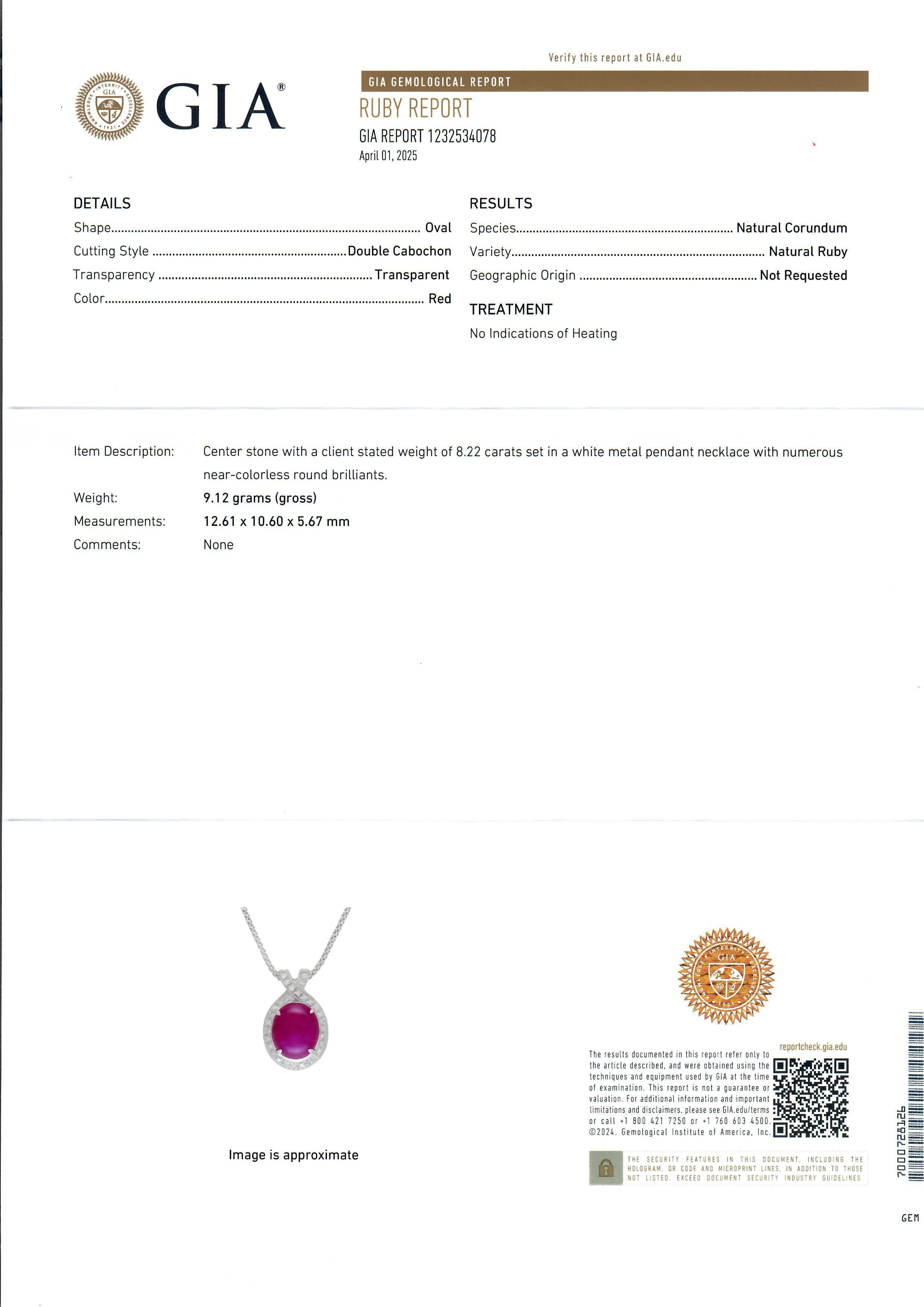 Women's 14k Gold Platinum GIA 8.42ctw No Heat Ruby & Diamond Pendant Adjustable Necklace For Sale