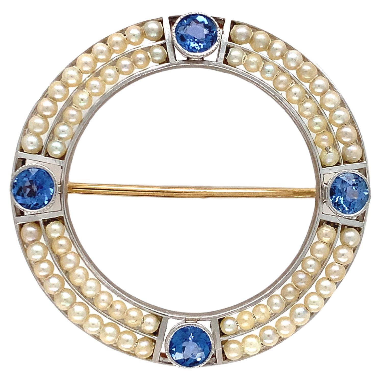 14K Gold & Platinum Montana Sapphire and Seed Pearl Pin with GIA Report
