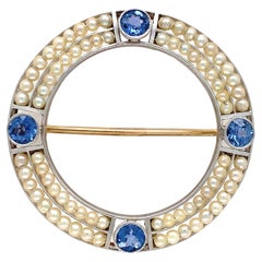 Antique 14K Gold & Platinum Montana Sapphire and Seed Pearl Pin with GIA Report