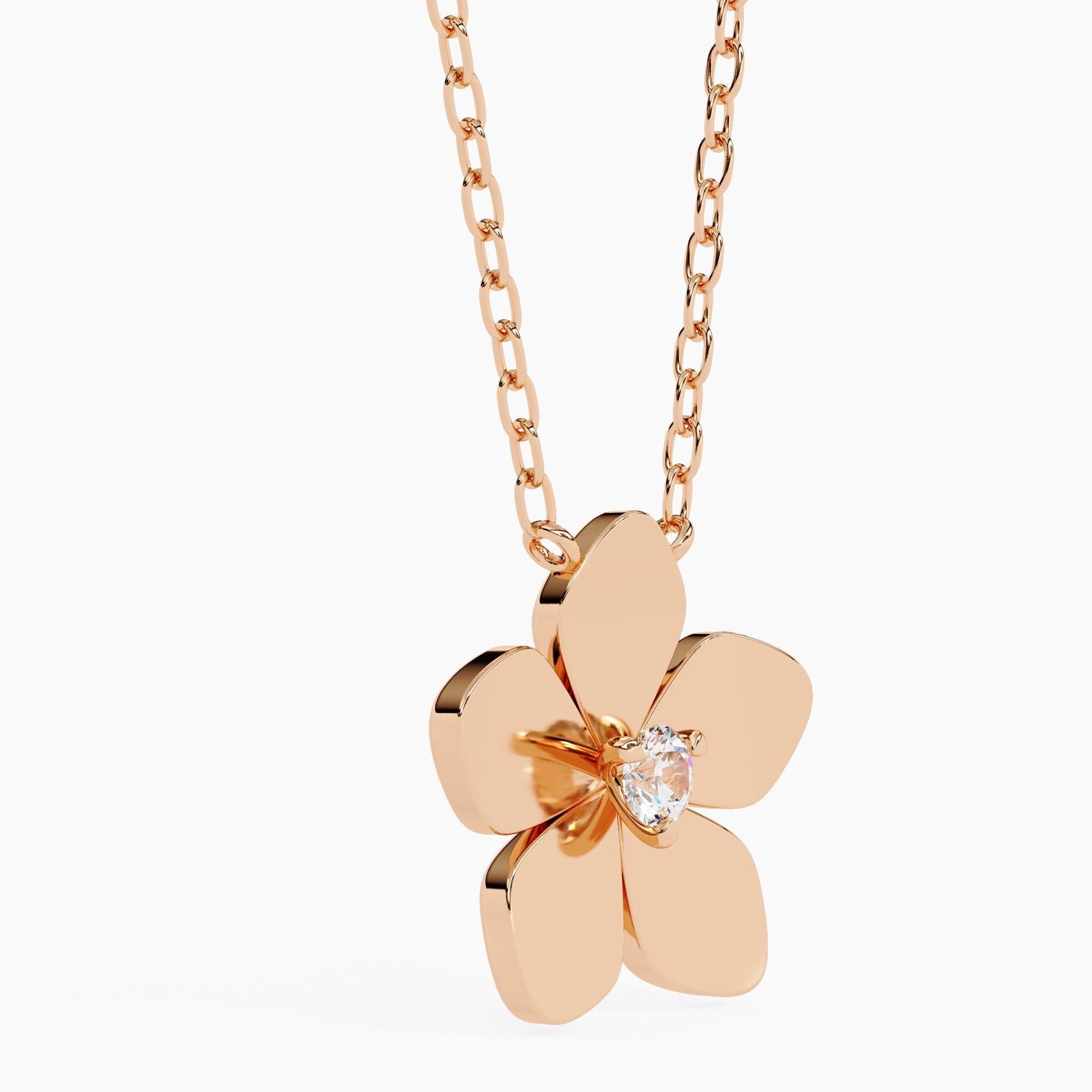 14K Gold Plumeria Pendant Necklace Round Diamond, 14K Solid Gold SI GH For Sale 4