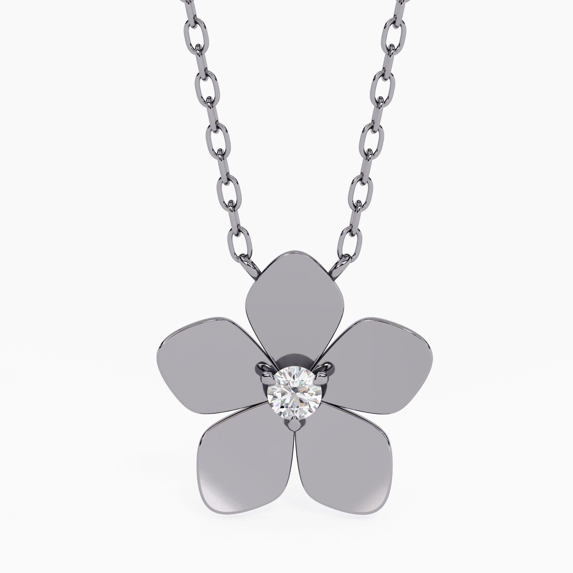 Contemporary 14K Gold Plumeria Pendant Necklace Round Diamond, 14K Solid Gold SI GH For Sale