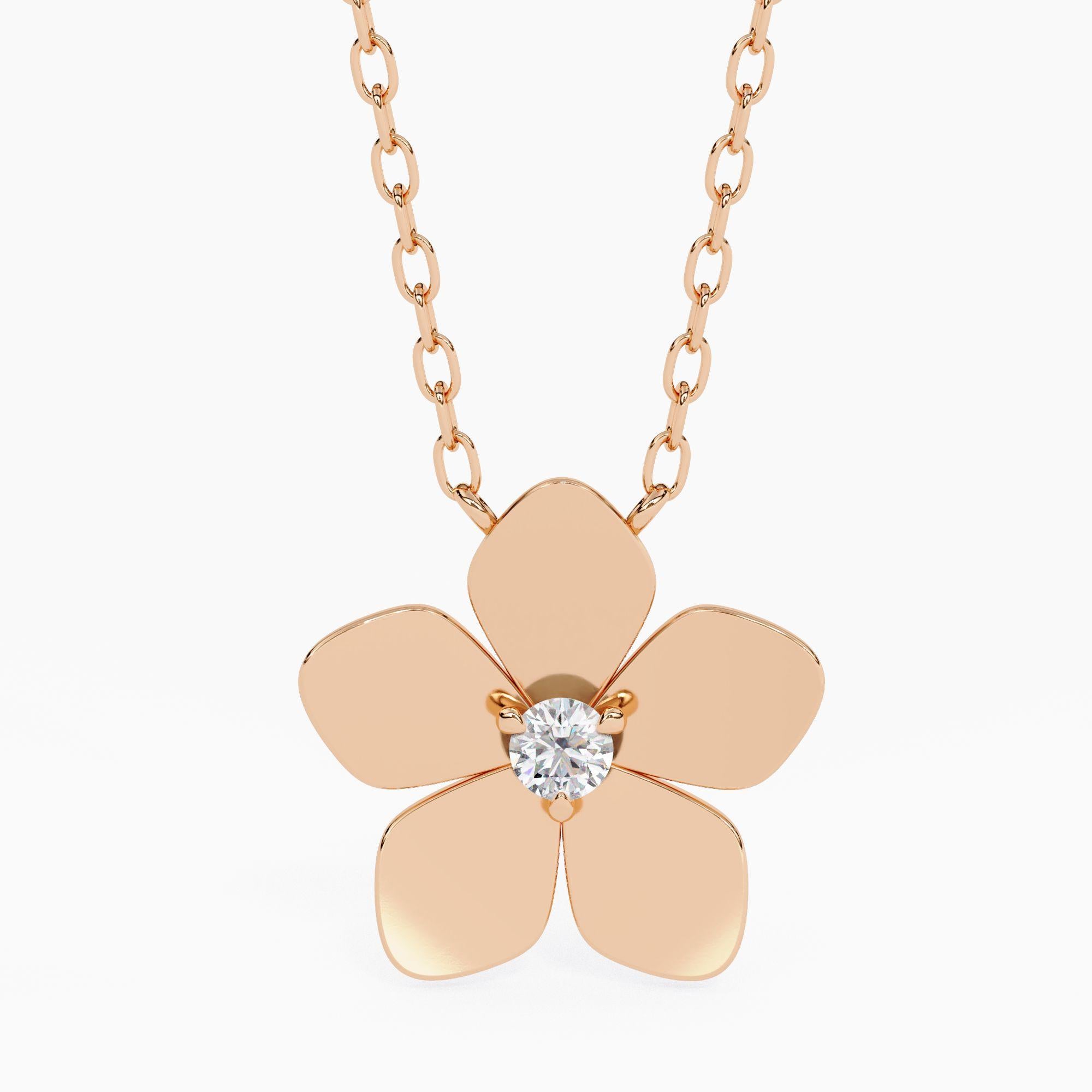 Round Cut 14K Gold Plumeria Pendant Necklace Round Diamond, 14K Solid Gold SI GH For Sale