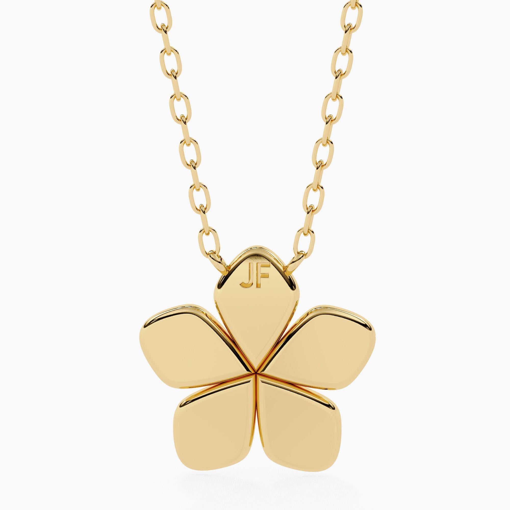 14K Gold Plumeria Pendant Necklace Round Diamond, 14K Solid Gold SI GH For Sale 2