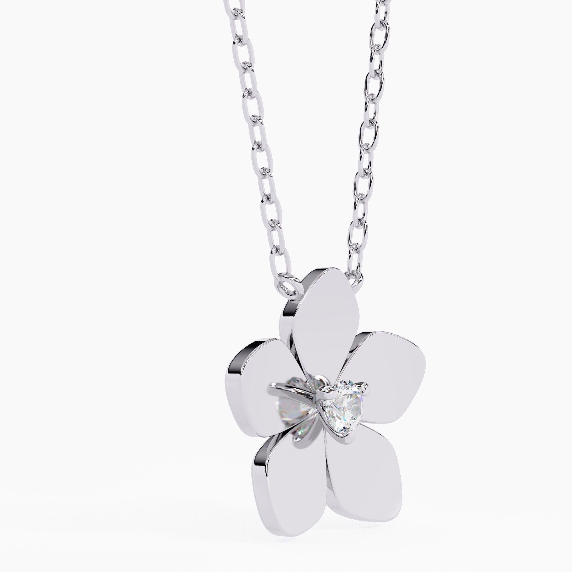 14K Gold Plumeria Pendant Necklace Round Diamond, 14K Solid Gold SI GH For Sale 3