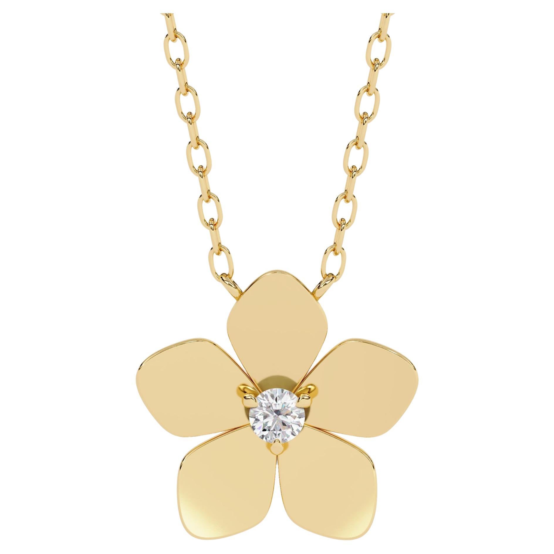 Collar Colgante Plumeria Oro 14K Diamante Redondo, Oro Macizo 14K SI GH