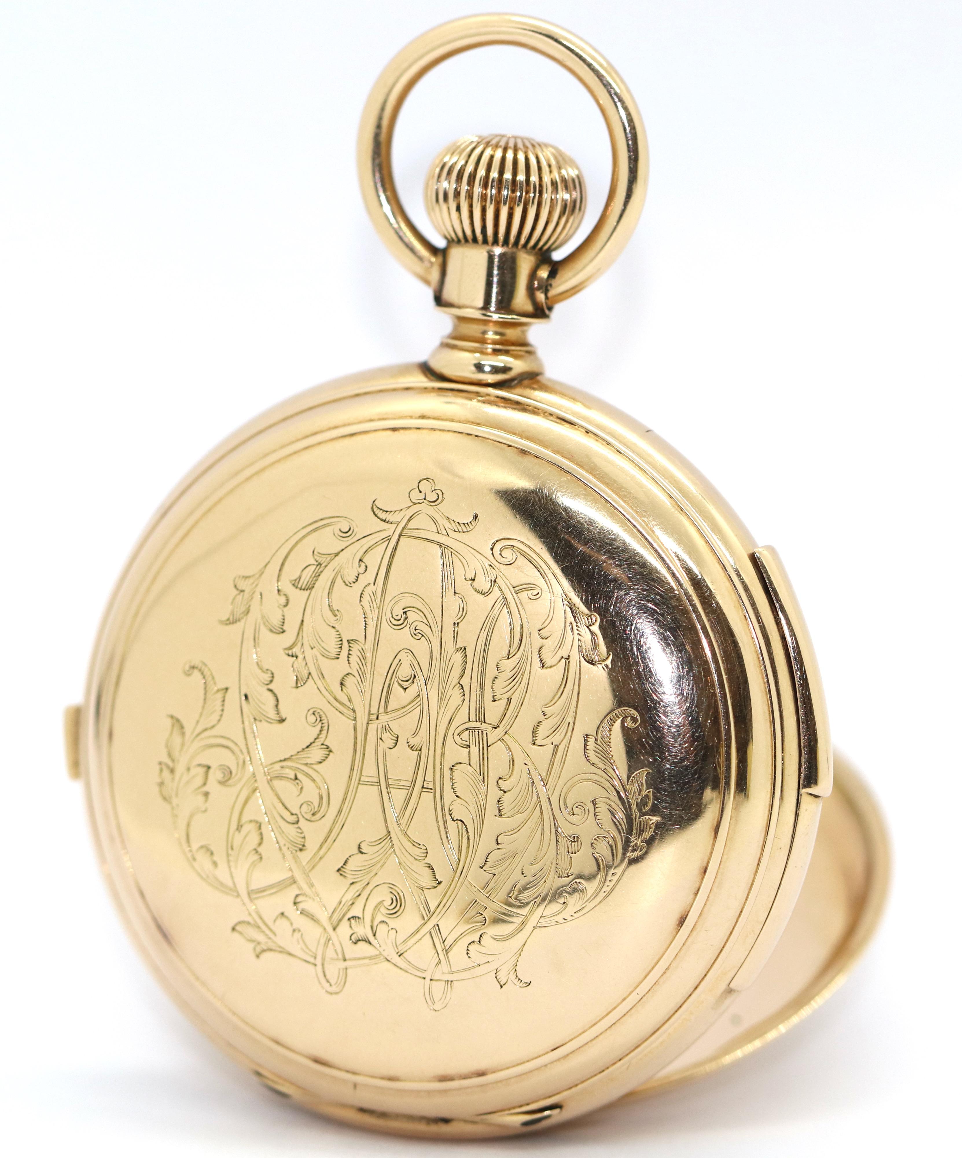 14K Gold Pocket Hunter Watch by American Watch Co. Waltham, Chronograph Repeater For Sale 3