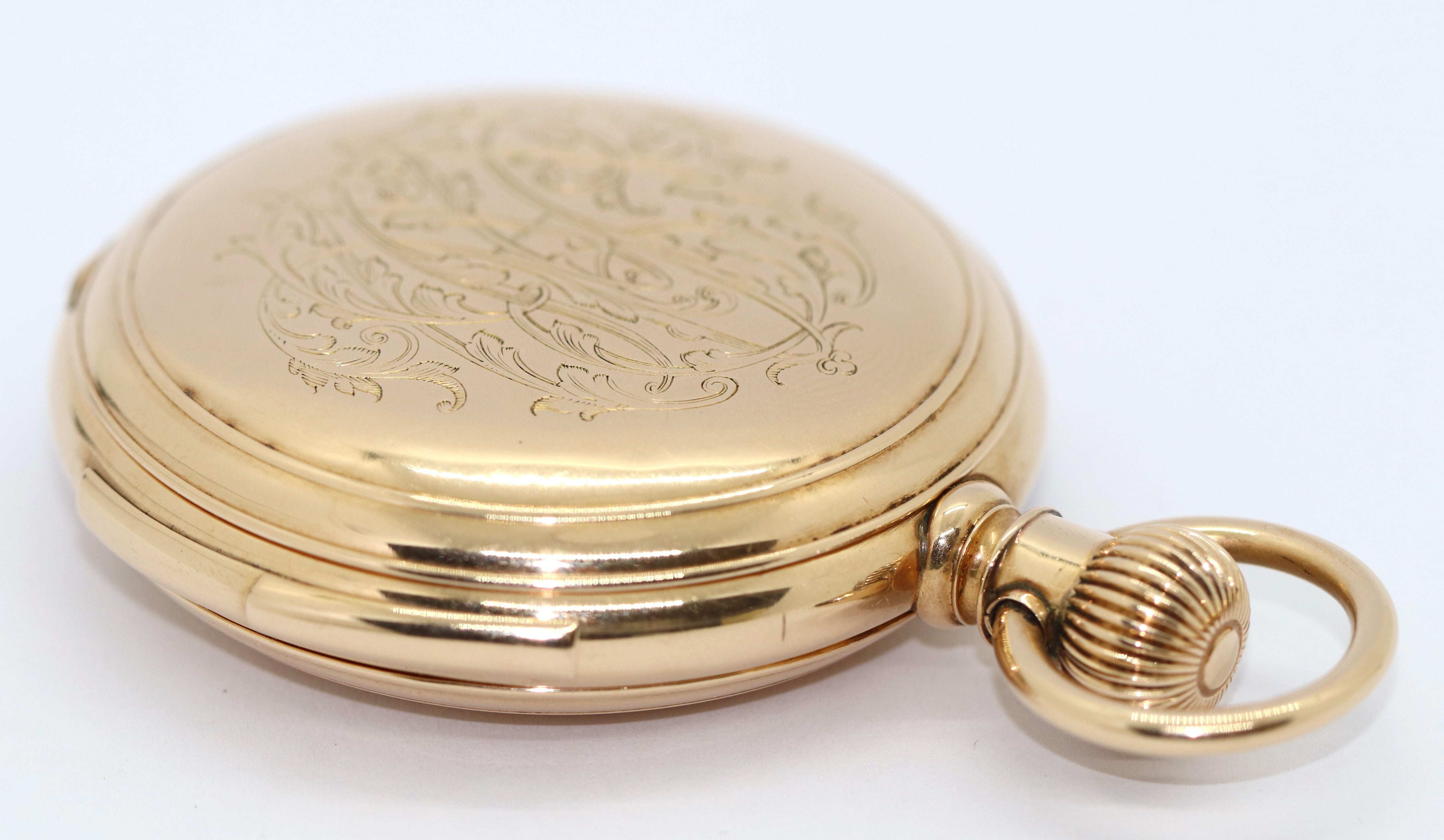 14K Gold Pocket Hunter Watch by American Watch Co. Waltham, Chronograph Repeater For Sale 4