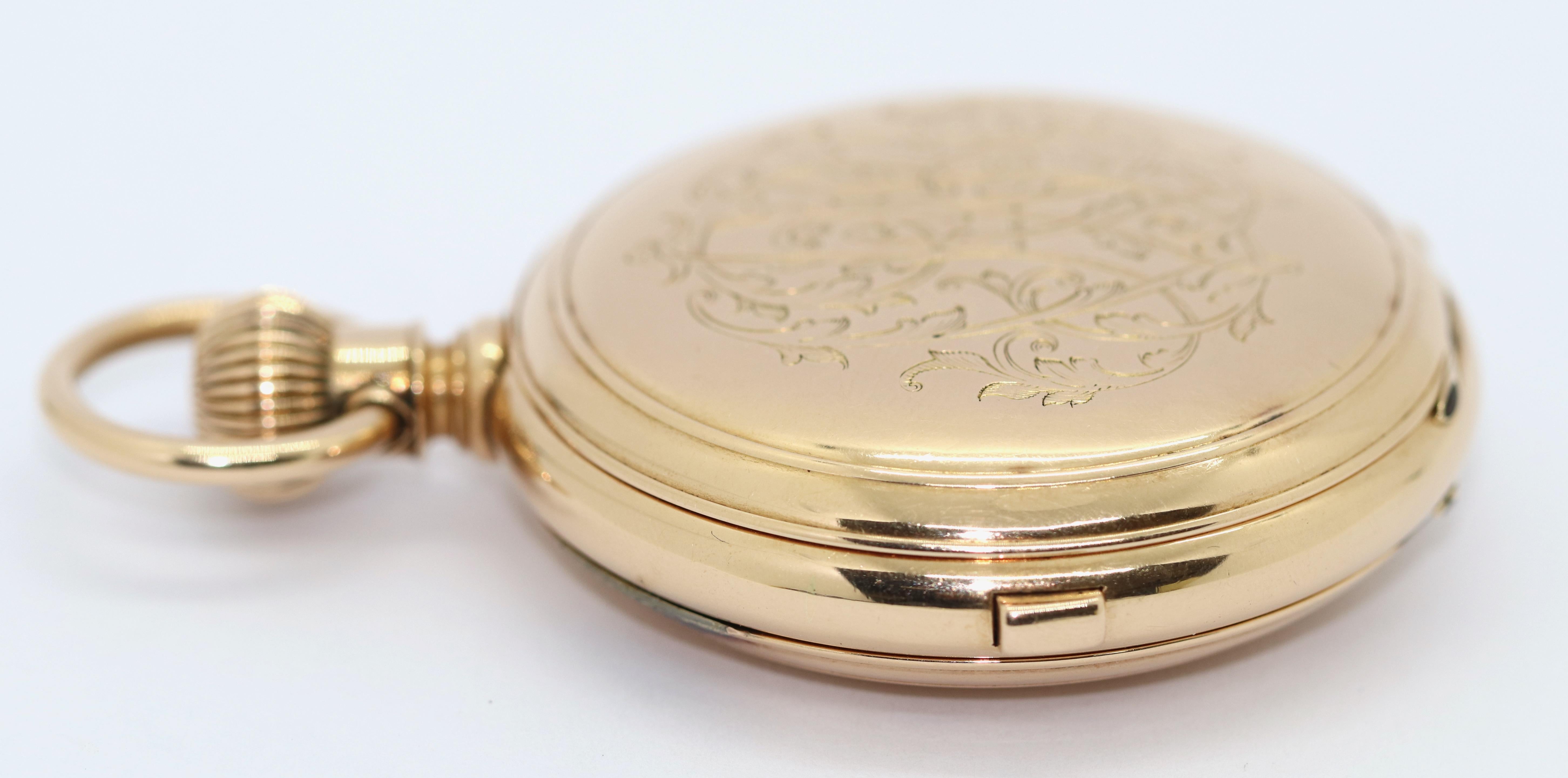 14K Gold Pocket Hunter Watch by American Watch Co. Waltham, Chronograph Repeater For Sale 5