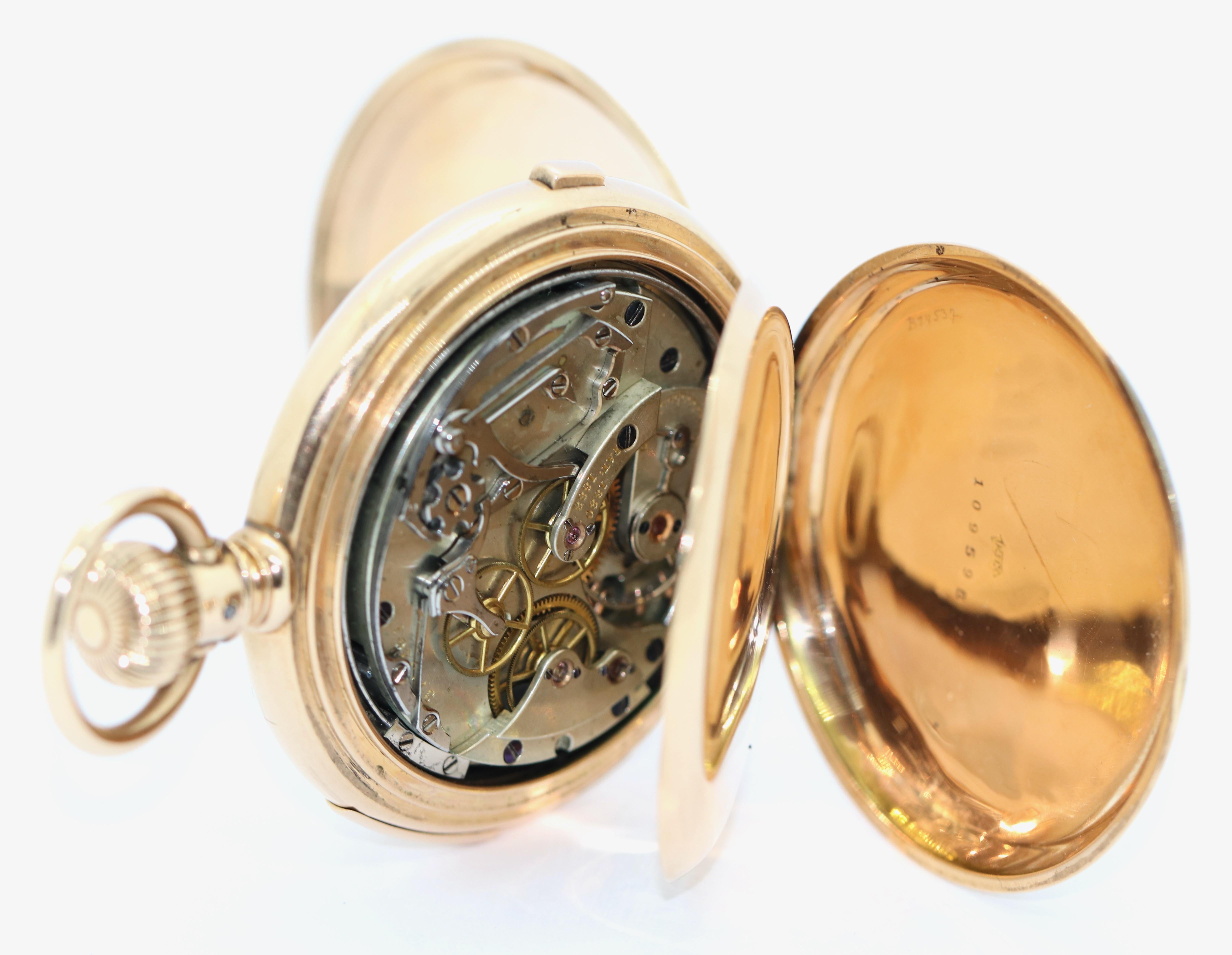 Montre chasseur de poche en or 14 carats d'American Watch Co. Waltham, Chronographe Répétiteur État moyen - En vente à Berlin, DE