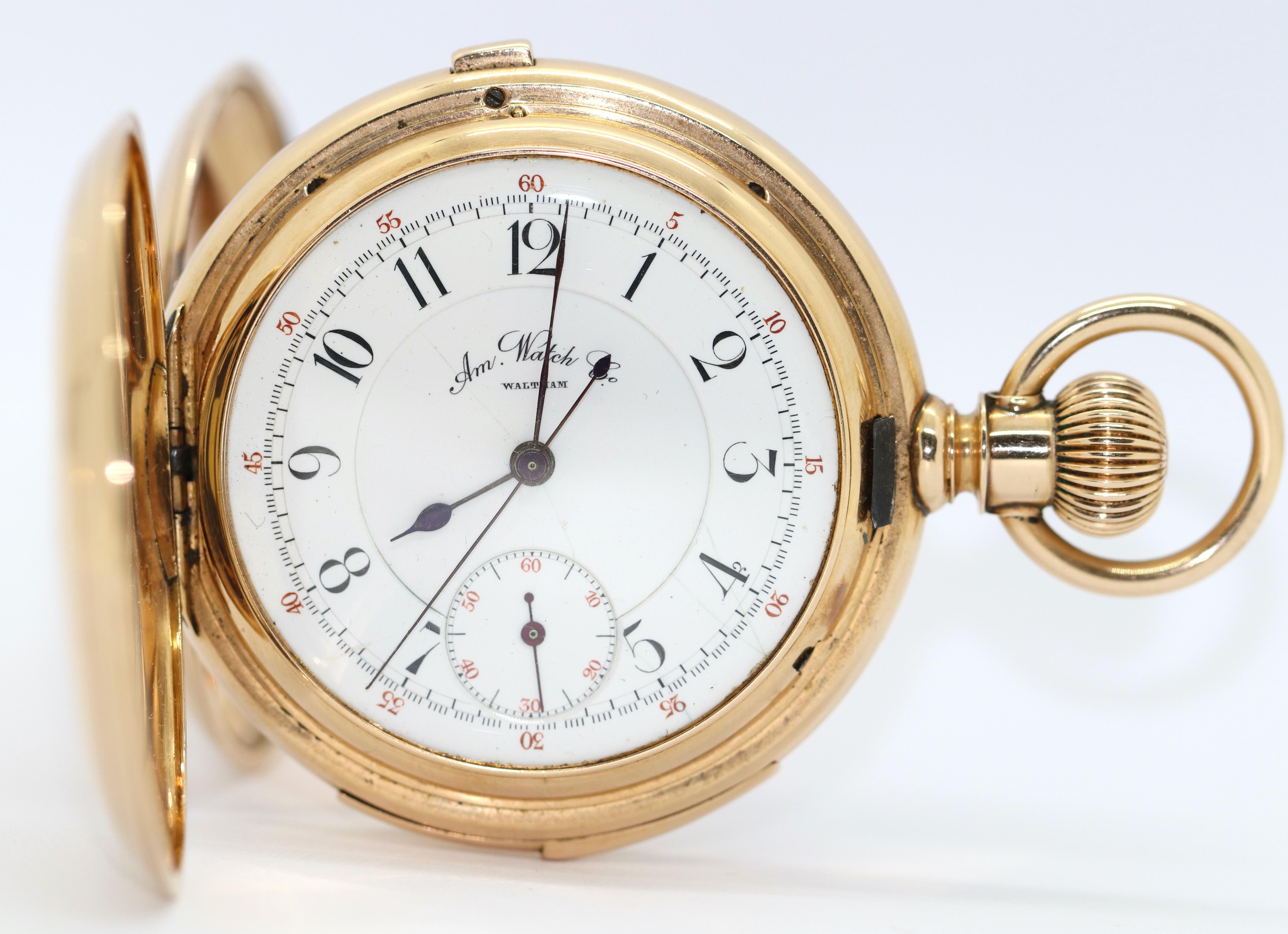 Montre chasseur de poche en or 14 carats d'American Watch Co. Waltham, Chronographe Répétiteur en vente 1