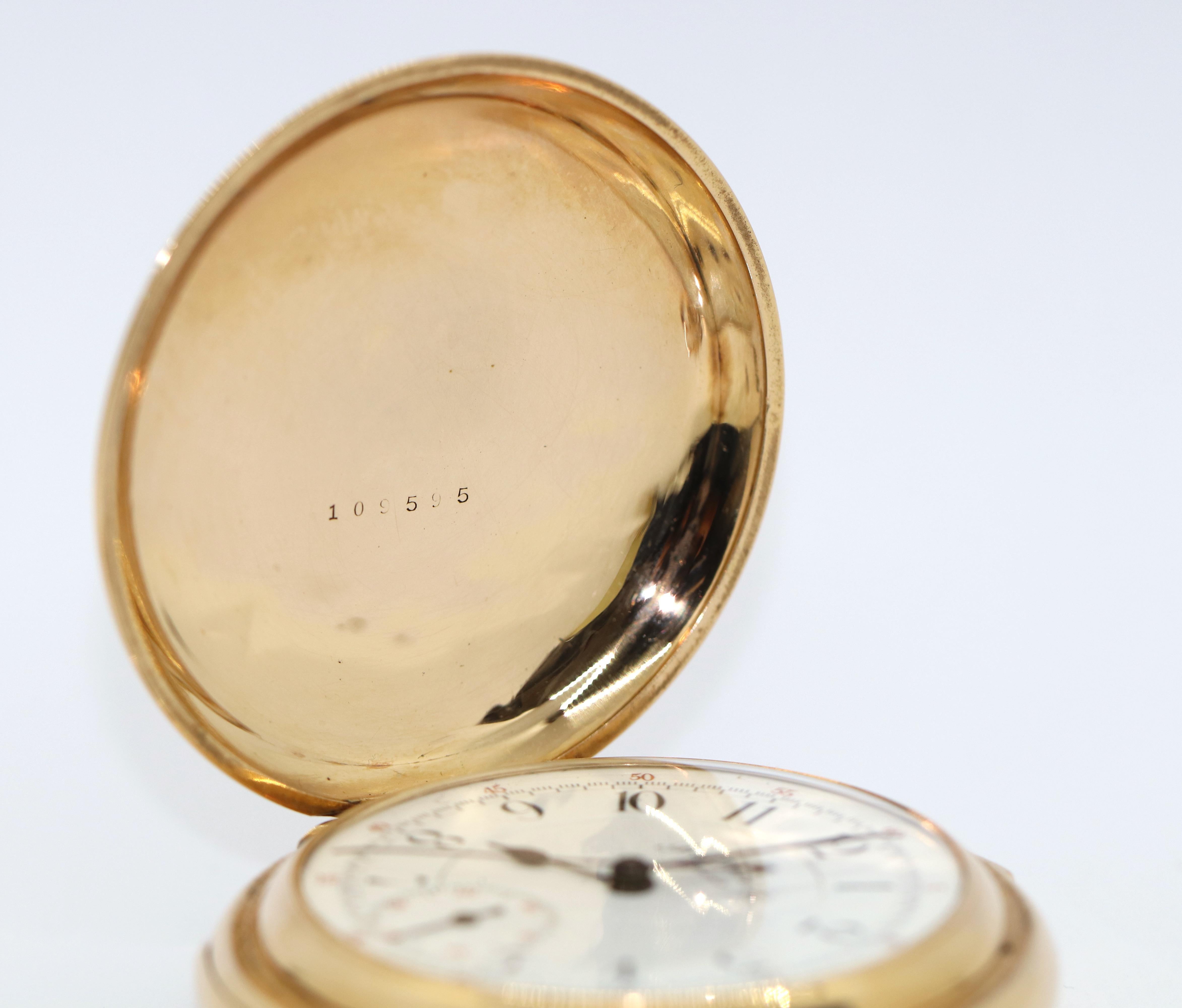 14K Gold Taschenuhr Jägeruhr von American Watch Co. Waltham, Chronograph-Repeater Herren im Angebot
