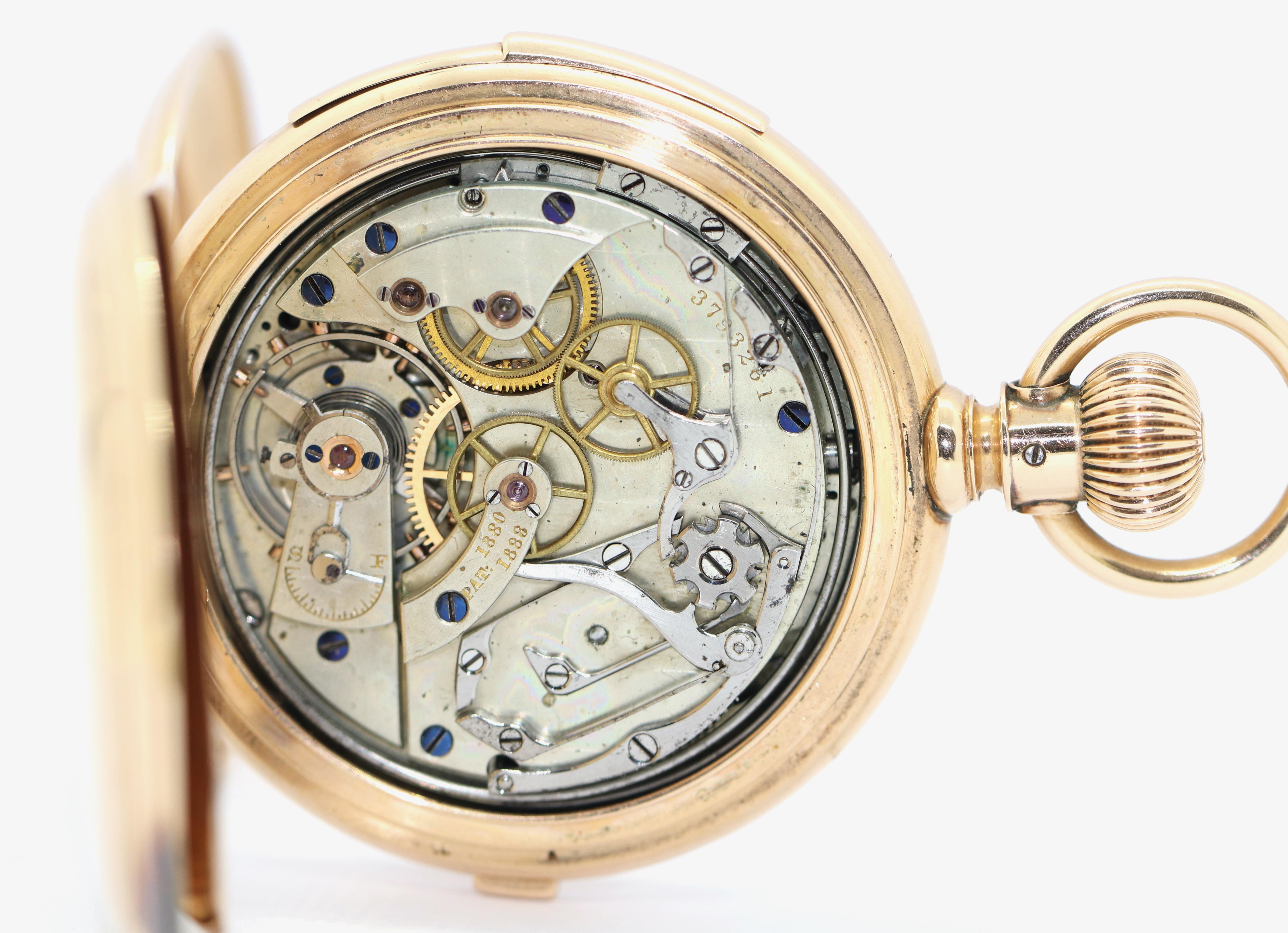 14K Gold Pocket Hunter Watch by American Watch Co. Waltham, Chronograph Repeater For Sale 2