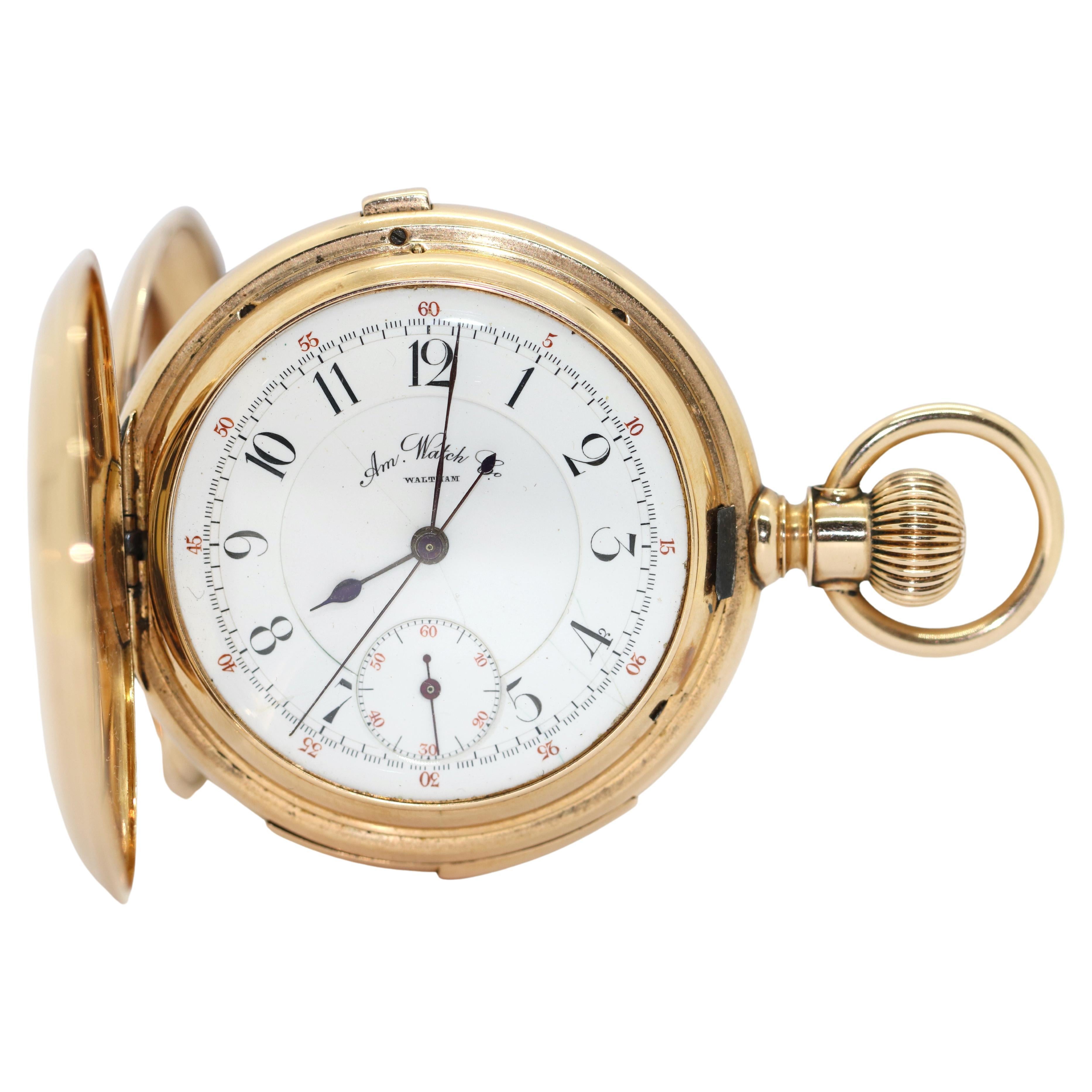 14K Gold Pocket Hunter Watch by American Watch Co. Waltham, Chronograph Repeater For Sale