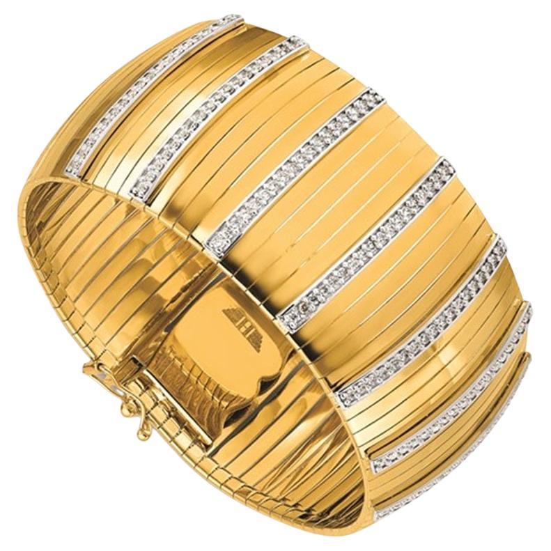 14K Gold Polished Diamond Wide Band 7.25 Inch Bracelet