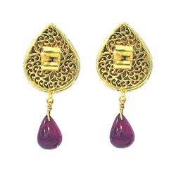 14K Gold Polki Diamond and Ruby Teardrop Earrings
