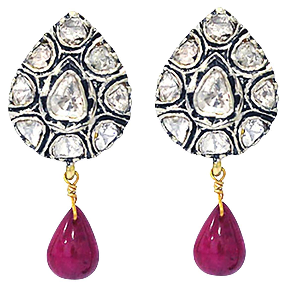 14K Gold Polki Diamond and Ruby Teardrop Earrings For Sale