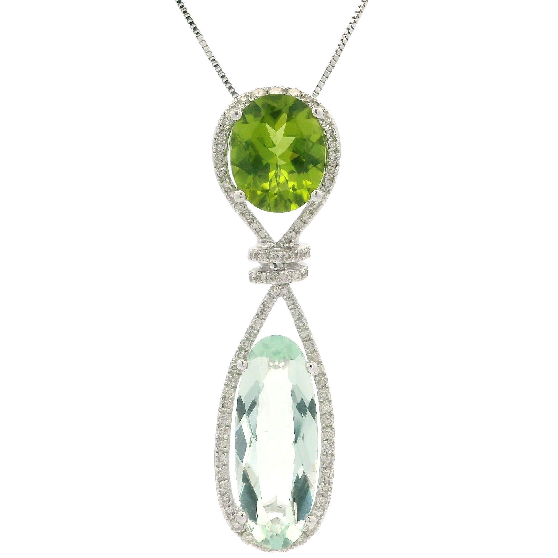 14k Gold Prasiolite Peridot Diamond Long Interlocking Knot Slide Pendant Chain For Sale 8