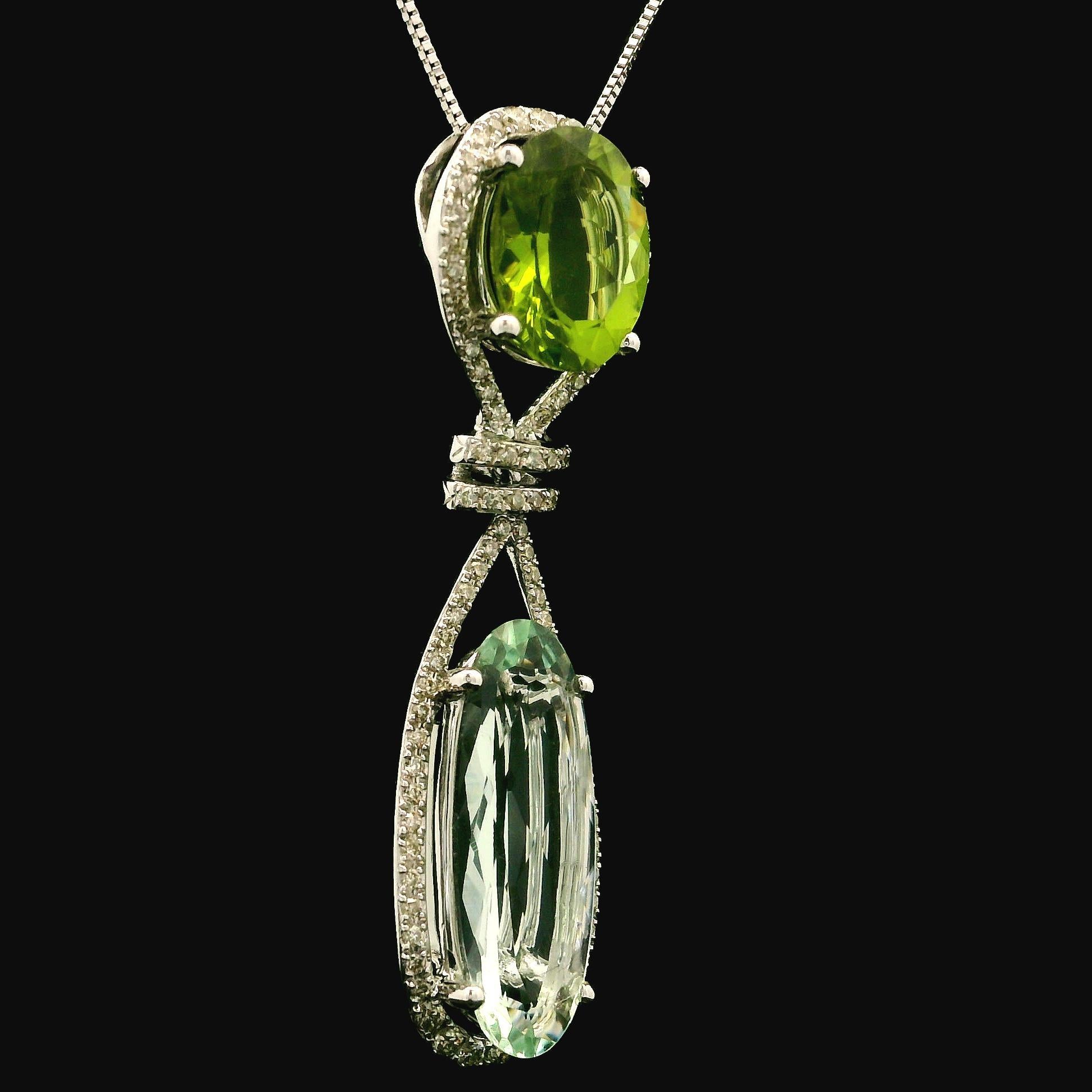 –Stone(s)–
(1) Natural Genuine Prasiolite - Elongated Cut - Prong Set - Mint Green Color - 18x7.1mm (approx.)
(1) Natural Genuine Peridot- Oval Brilliant Cut - Prong Set - Vivid Lime Green Color - 10x8mm (approx.)
(86) Natural Genuine Diamonds -