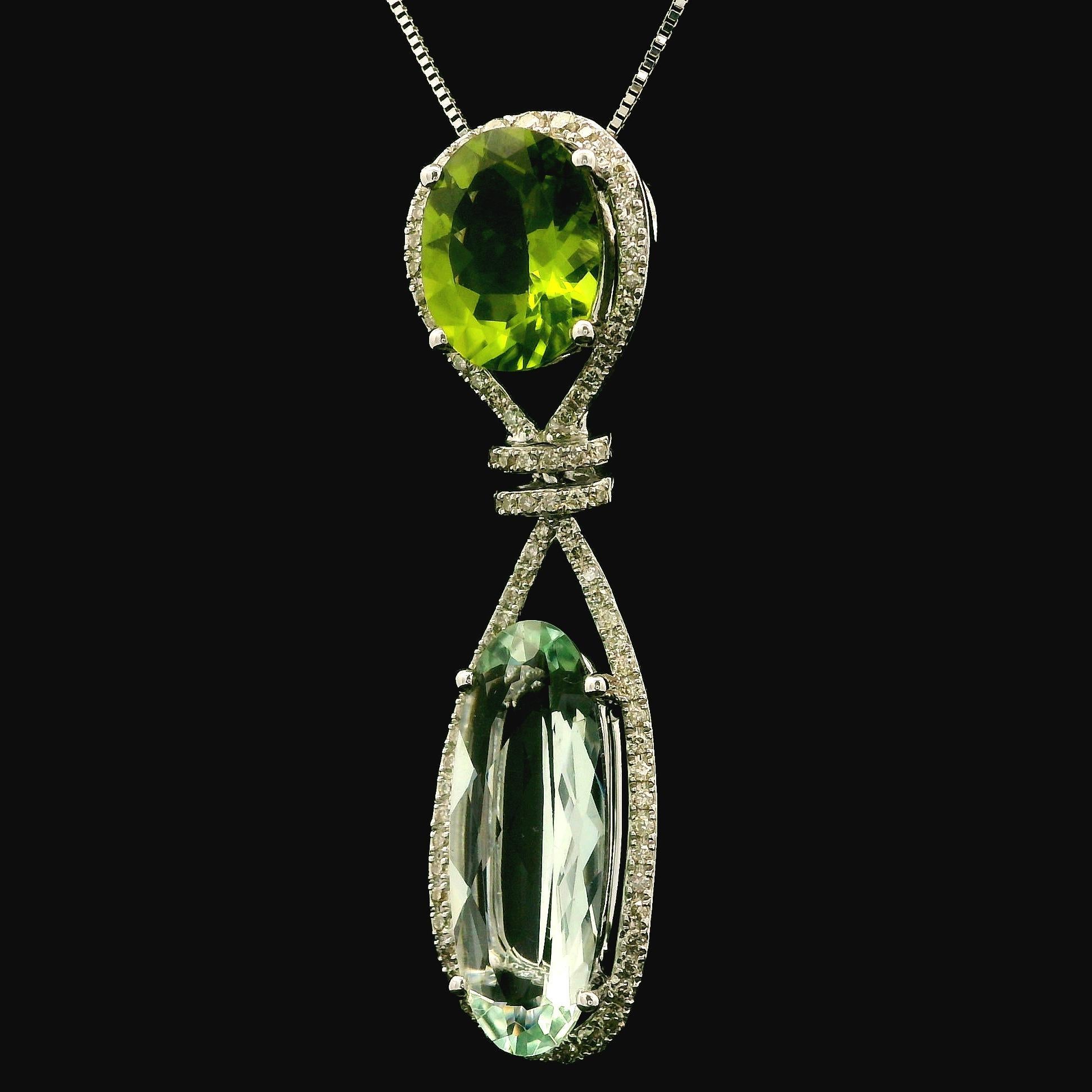 Women's 14k Gold Prasiolite Peridot Diamond Long Interlocking Knot Slide Pendant Chain For Sale