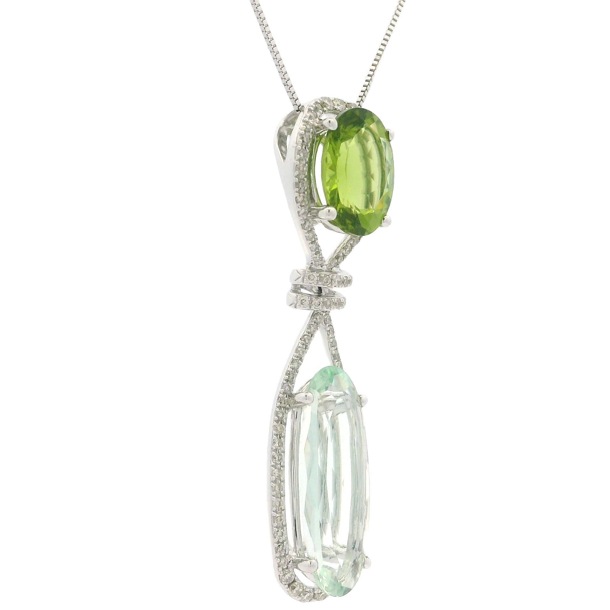 14k Gold Prasiolite Peridot Diamond Long Interlocking Knot Slide Pendant Chain For Sale 2