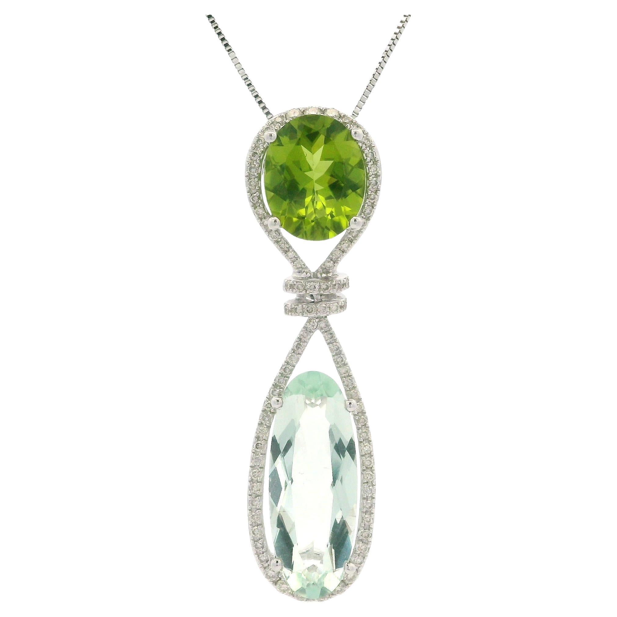 14k Gold Prasiolite Peridot Diamond Long Interlocking Knot Slide Pendant Chain For Sale