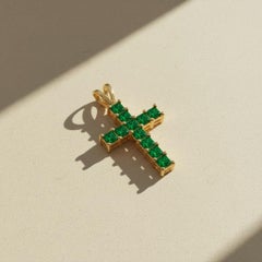 14k gold Princess Lab Emeralds Cross Pendant