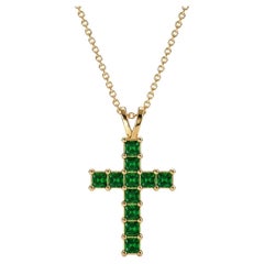 14k gold Princess Lab Emeralds Cross Pendant