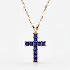 14k gold Princess Lab Sapphires Cross Pendant