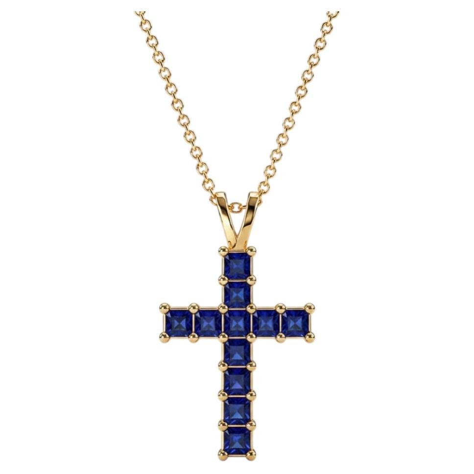 14k gold Princess Lab Sapphires Cross Pendant For Sale