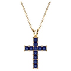 14k gold Princess Lab Sapphires Cross Pendant