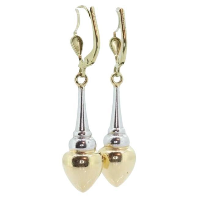 14k Gold Puffed Hollow Dangle Earrings. Glossy Multi-Tone Drop Pole earrings.