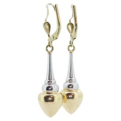 14k Gold Puffed Hollow Dangle Earrings. Glossy Multi-Tone Drop Pole earrings.