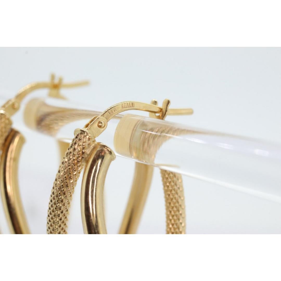 14k Gold Puffed Hollow HOOP Earrings. Intertwined Textured Loop earrings. For Sale 7