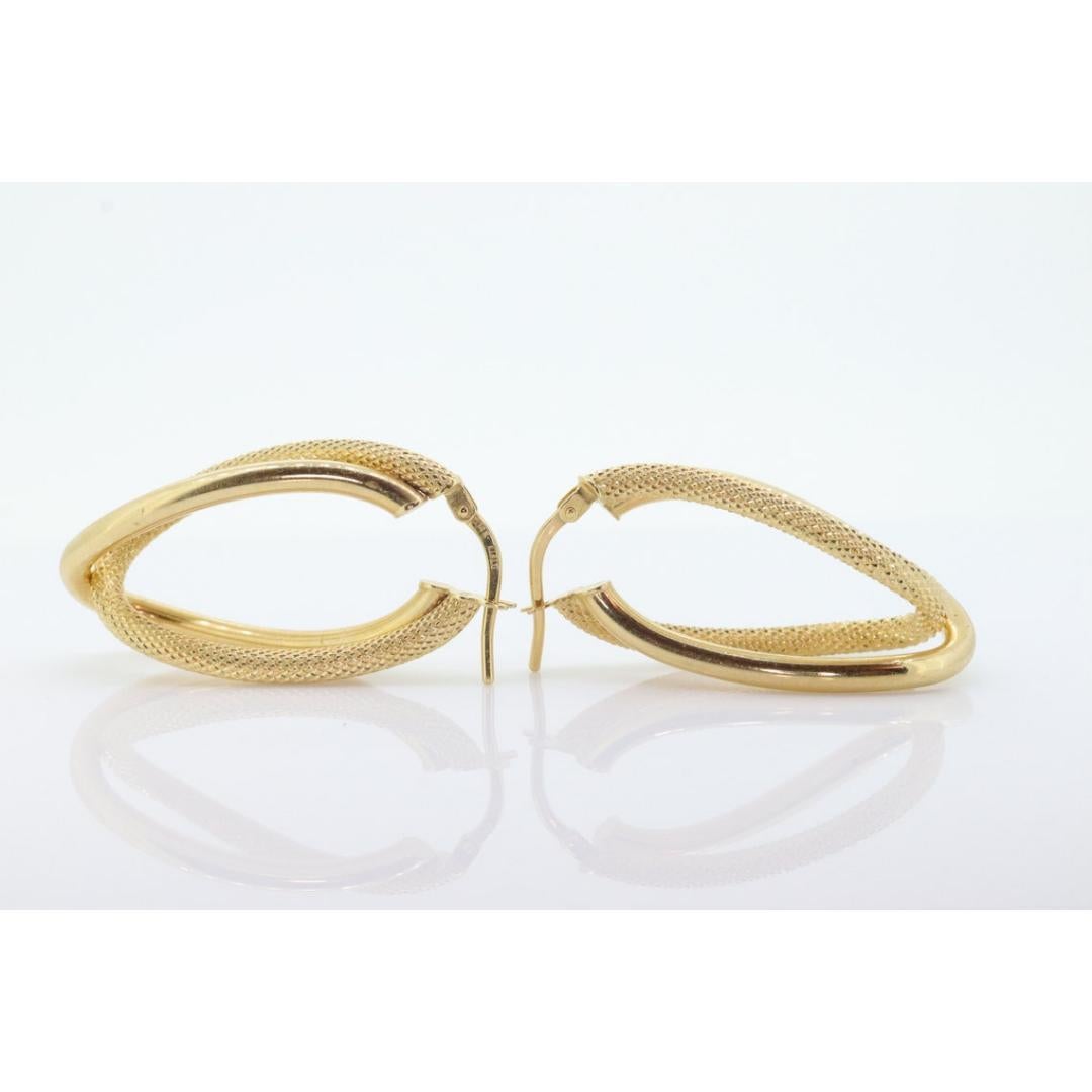 14k Gold Puffed Hollow HOOP Earrings. Intertwined Textured Loop earrings. For Sale 1