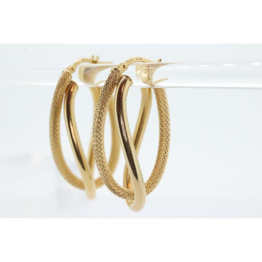 14k Gold Puffed Hollow HOOP Earrings. Intertwined Textured Loop earrings. For Sale 4
