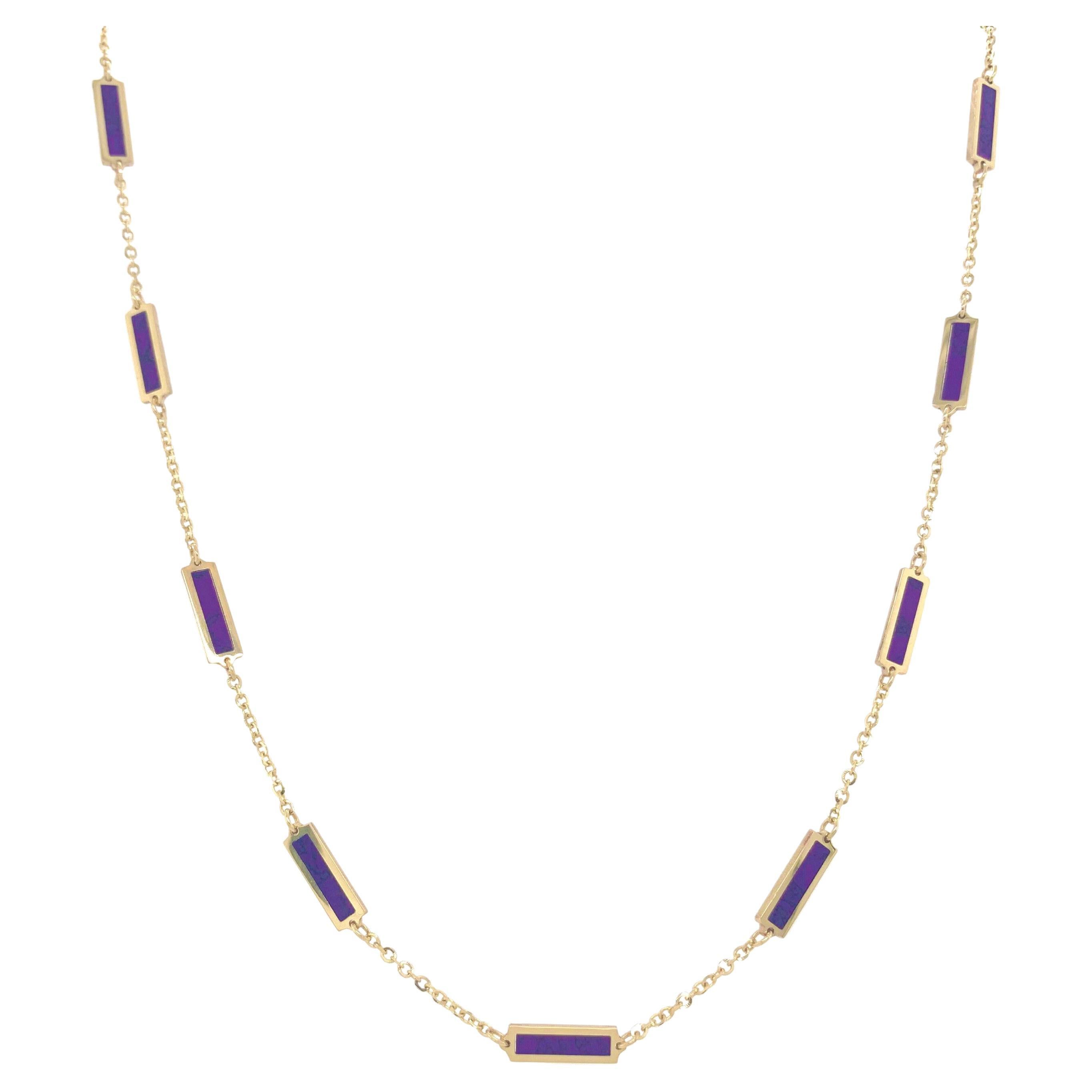 14k Gold & Purple Amethyst Inlay Station Bar Necklace, Made in Italy