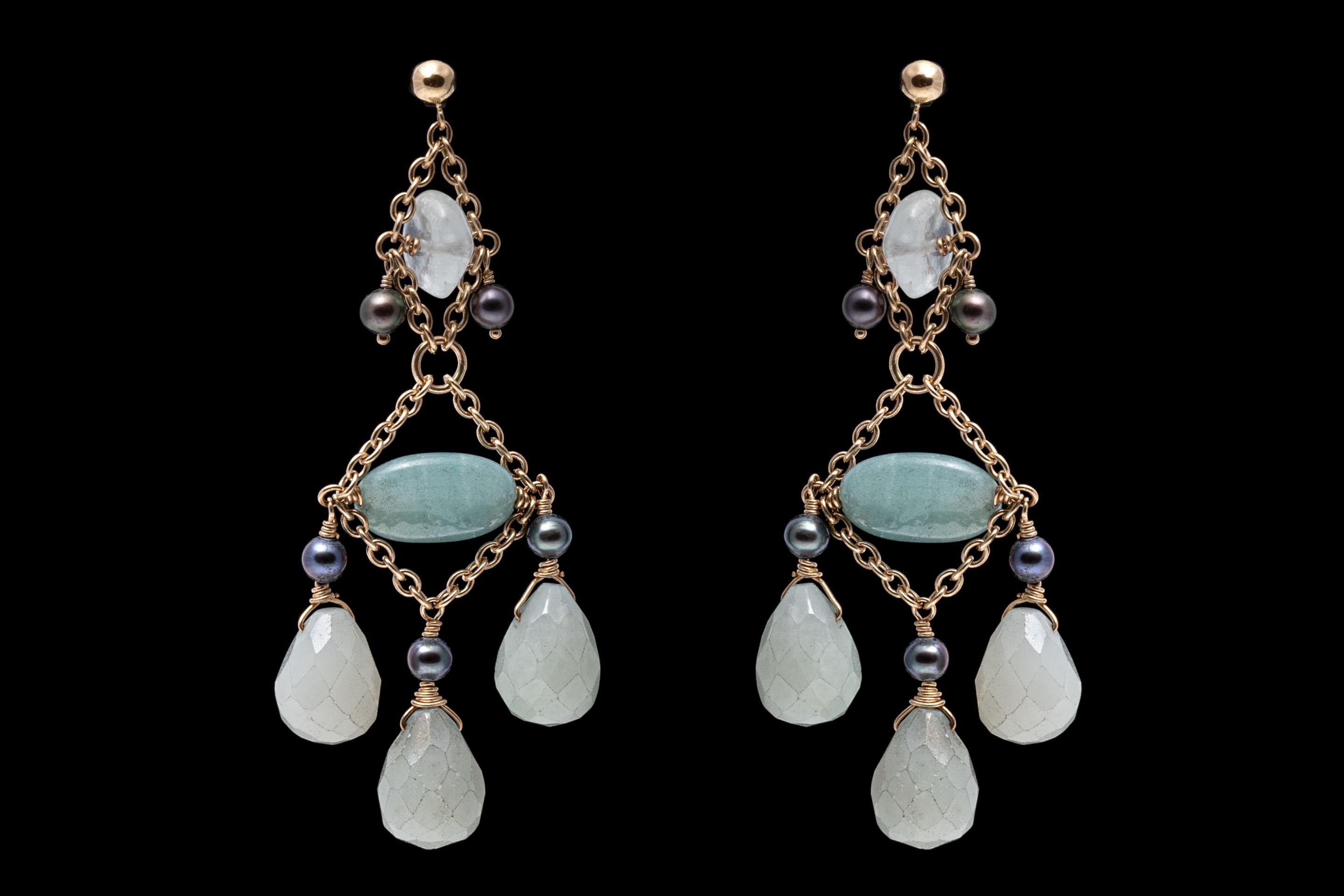 14K yellow gold chandler earrings. A lively pair of chandler earrings featuring mint green and white quartz stones. Three briolette with steel grey 3.8mm cultured freshwater pearls are suspended from the base of these earrings. Post and clutch