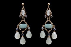 Chandelier-Ohrringe aus 14 Karat Gold, Quarz, Briolette und grauer Süßwasserperle
