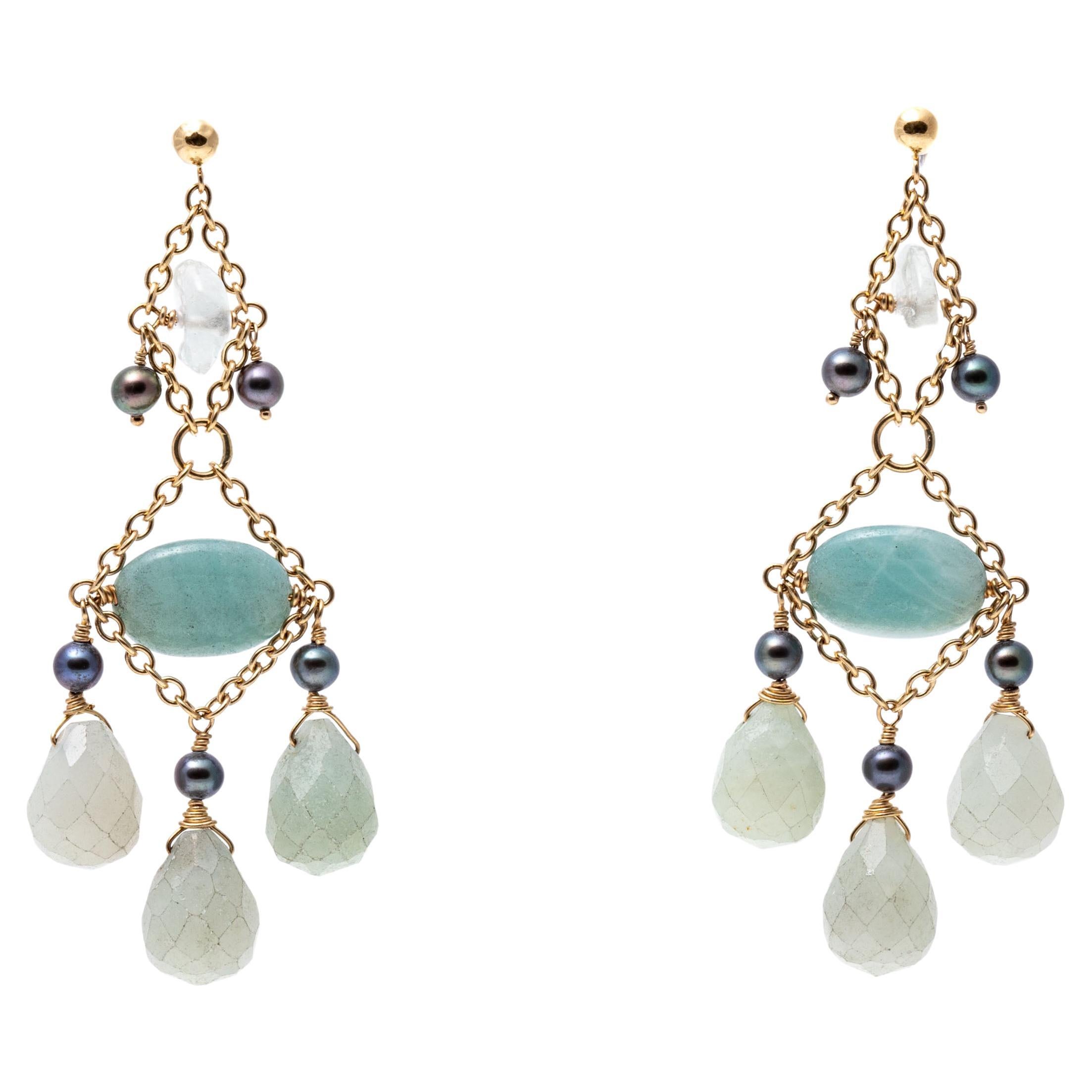 Boucles d'oreilles chandelier en or 14 carats, quartz briolette et perles d'eau douce de culture grises