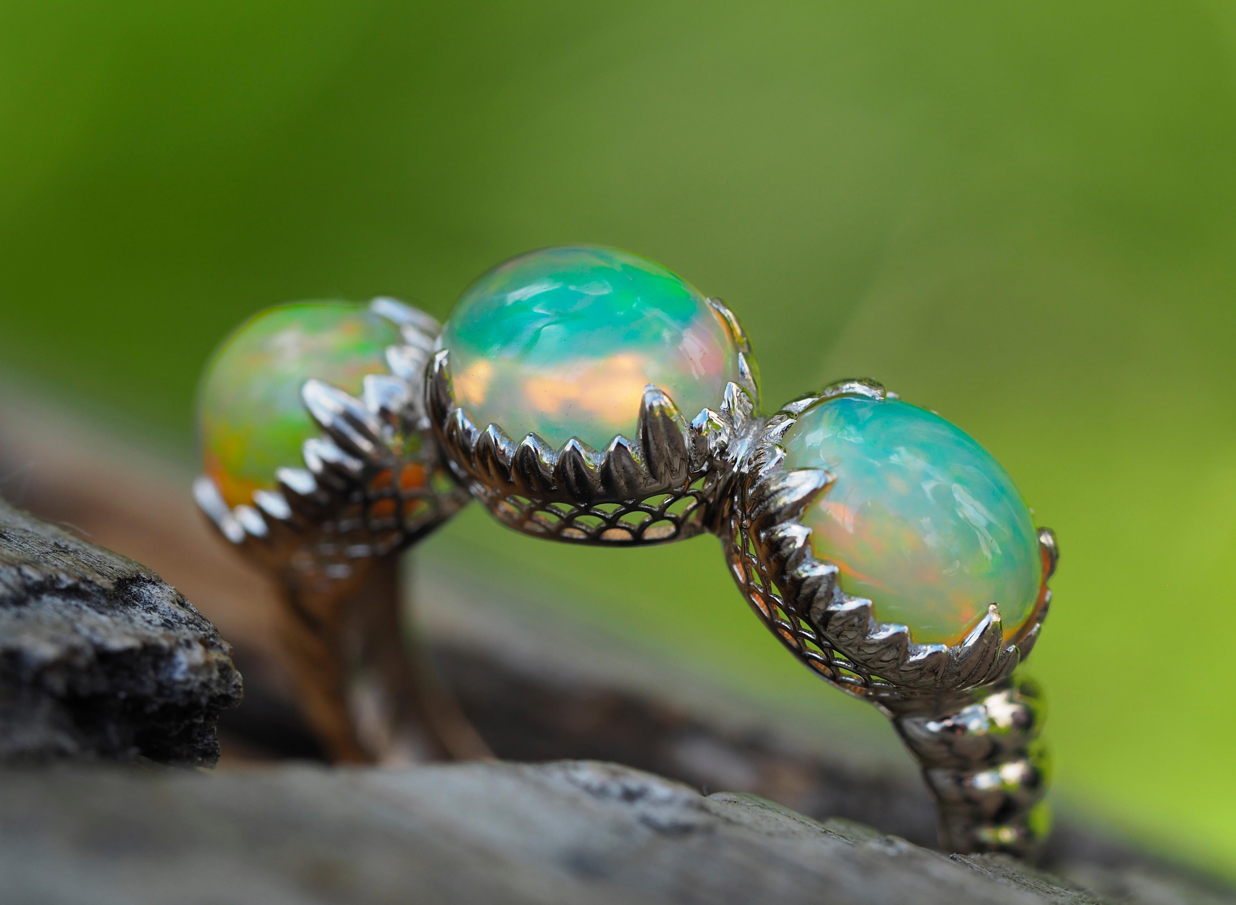 For Sale:  Three opal vintage style 14k gold ring 9