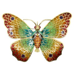 14K Gold Rainbow Enamel Ruby Diamonds Butterfly Brooch