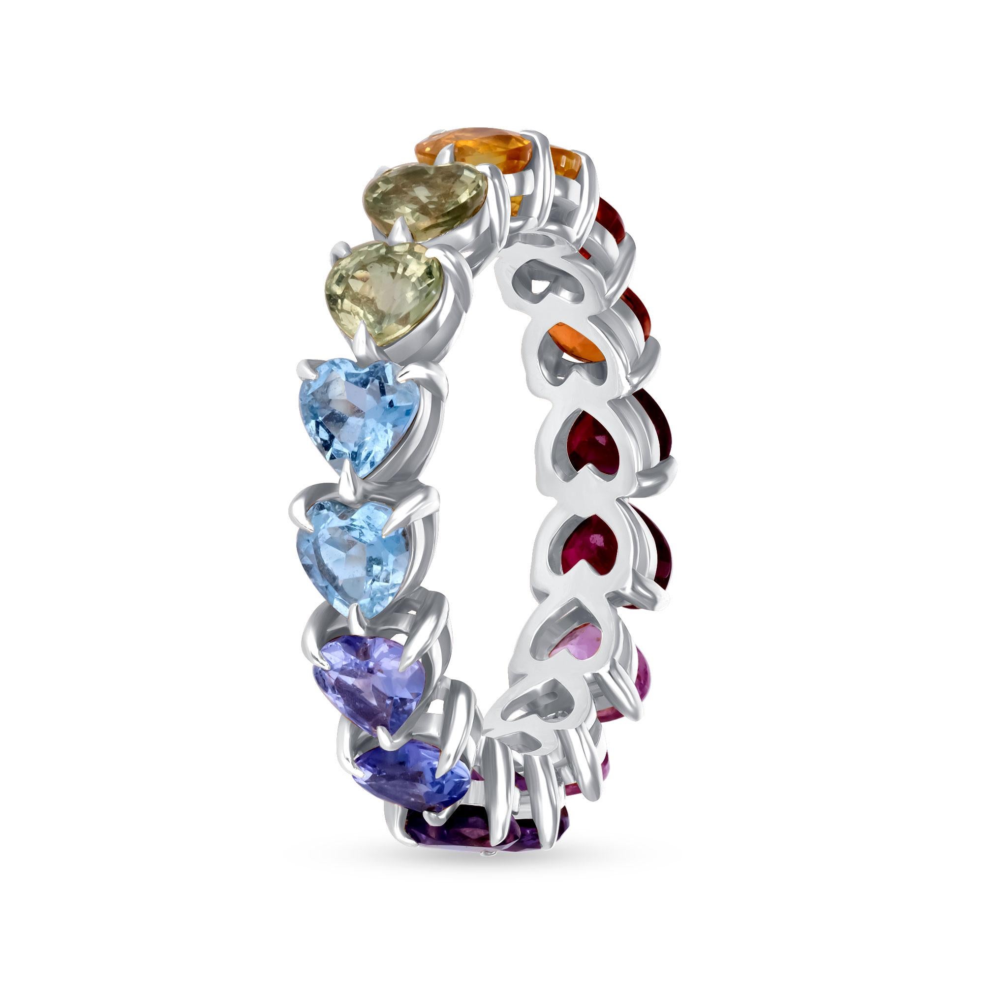 14K Gold Regenbogen Ewigkeitsring mit doppelter Edelsteinreihe - Größe 4 Damen im Angebot