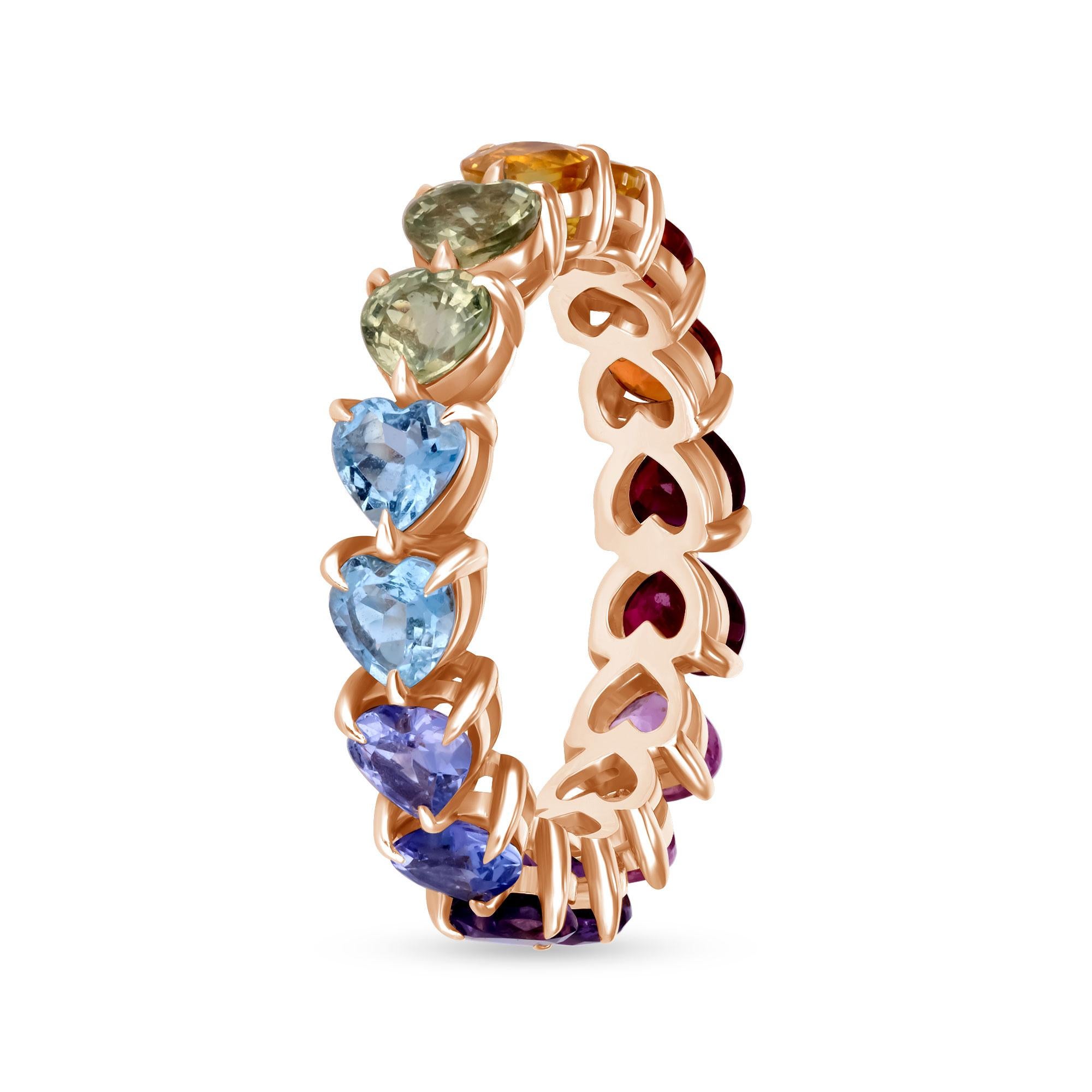 14K Gold Regenbogen Ewigkeitsring mit doppelter Edelsteinreihe - Größe 4 im Angebot 1